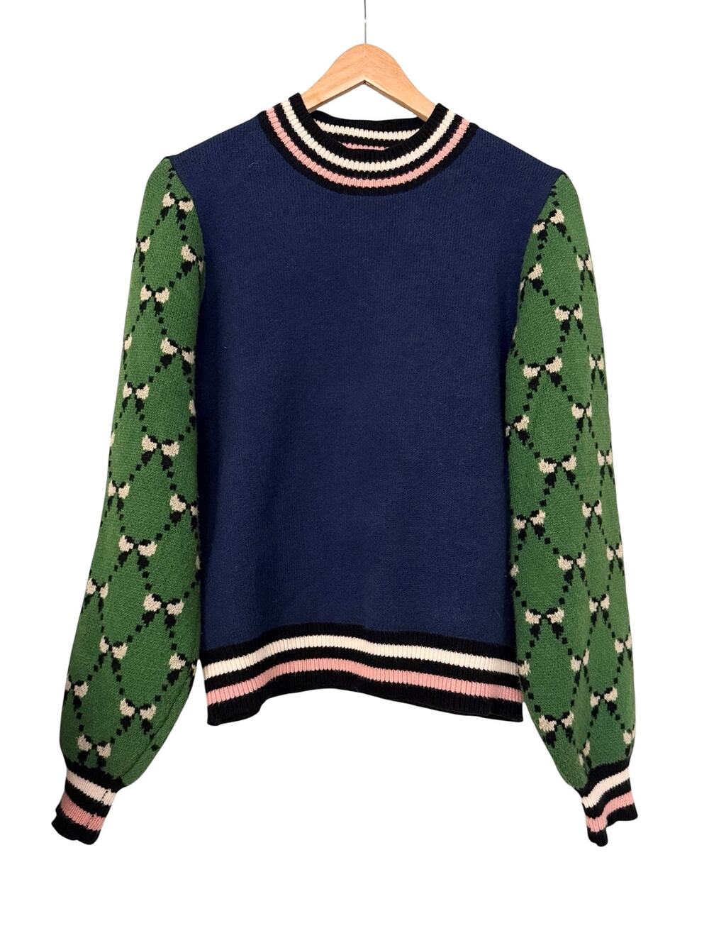 THML Colorblock Sweater Green Pattern Puff Sleeve Varsity Trim Size Medium